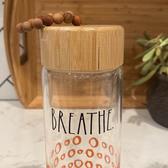 Rae Dunn BREATHE Glass Water Bottle 22oz Bamboo Lid Beaded Loop environmentally - Picture 2 of 6